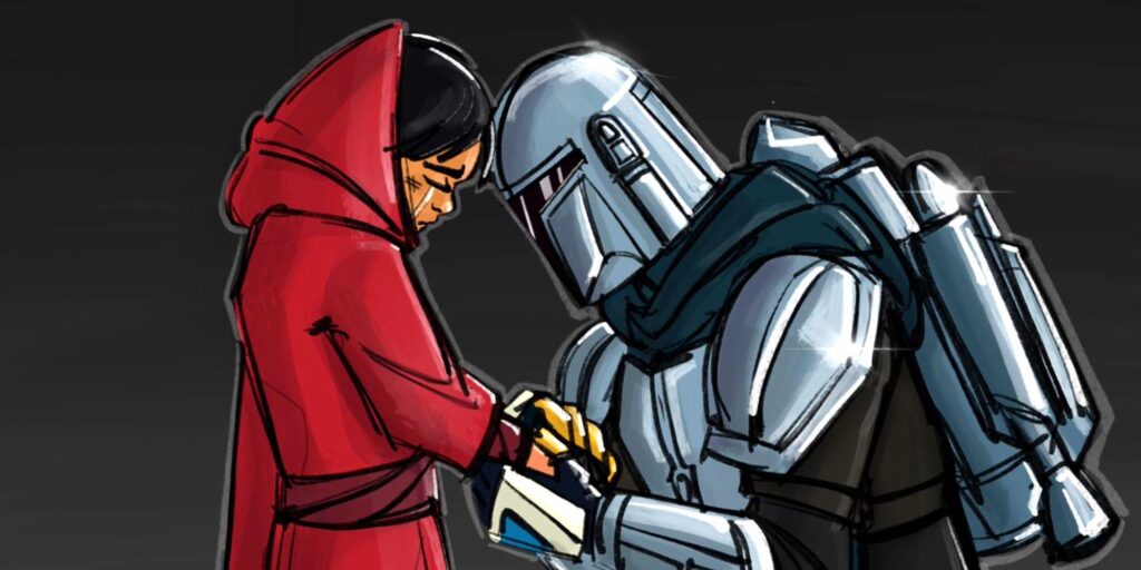 The Mandalorian Fan Art imagina a Din Djarin hablando con su yo más joven