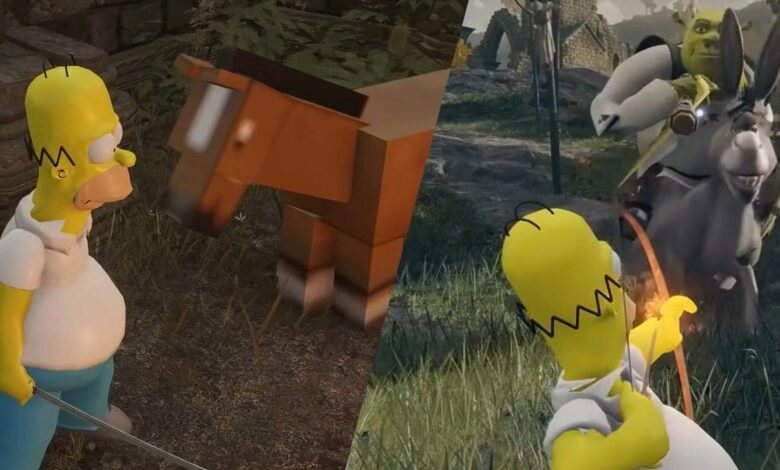 Video caótico de Elden Ring enfrenta a Homer Simpson contra Shrek y Donkey