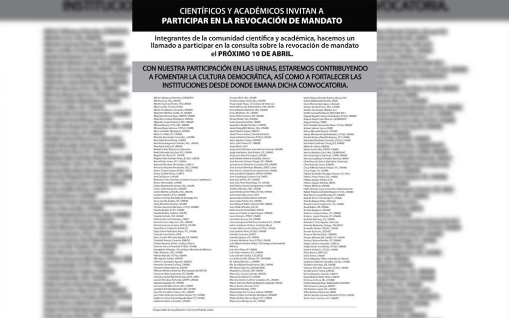 Científicos y académicos exhortan a participar en revocación de mandato