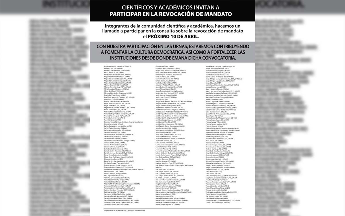 Científicos y académicos exhortan a participar en revocación de mandato