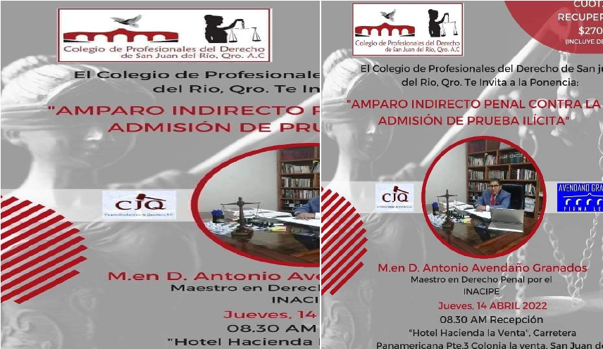 Colegio de Profesionales del Derecho convoca a la ponencia “Amparo Indirecto contra la Admisión de Prueba Ilícita”