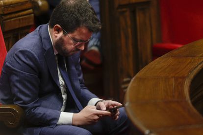 El presidente de la Generalitat, Pere Aragonès, este jueves en el Parlament.