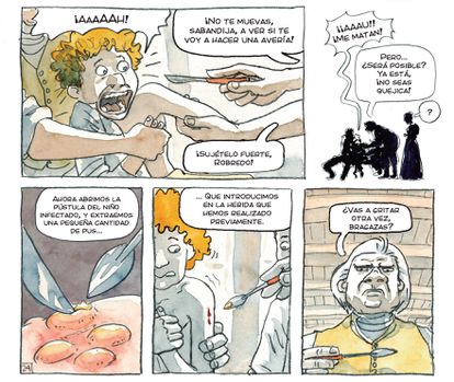 El proceso de vacunación contra la viruela en 1803, en la novela gráfica 'El mar recordará nuestros nombres'.