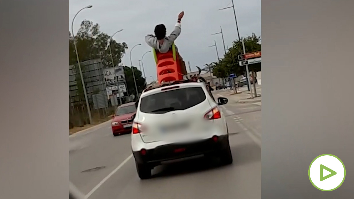 Pillado subido a un tobogán sobre el techo de un coche