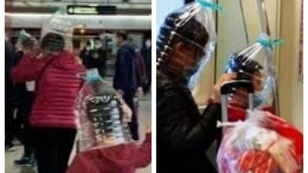 Chinos con botellas en la cabeza para no contagiarse del coronavirus