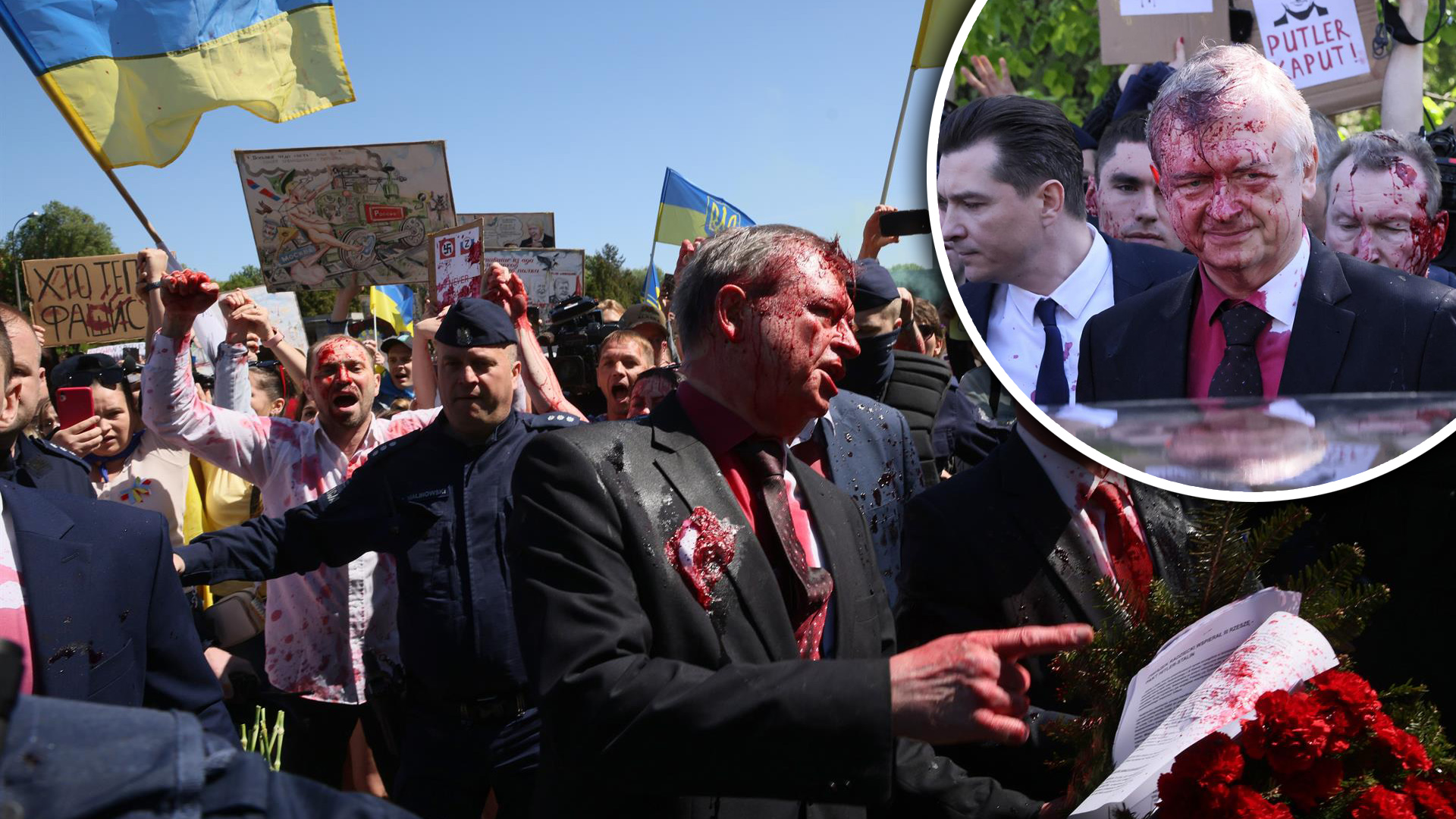 Color sangre: lanzan pintura en la cara de embajador ruso que hacía ofrenda floral en Polonia