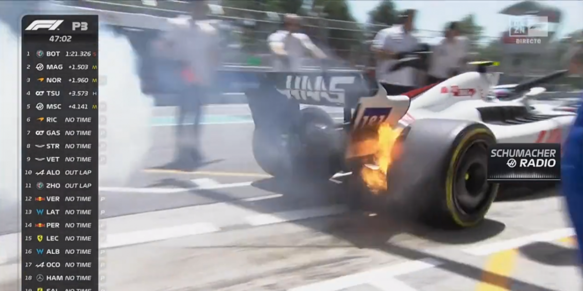 Incendio en el monoplaza de Mick Schumacher