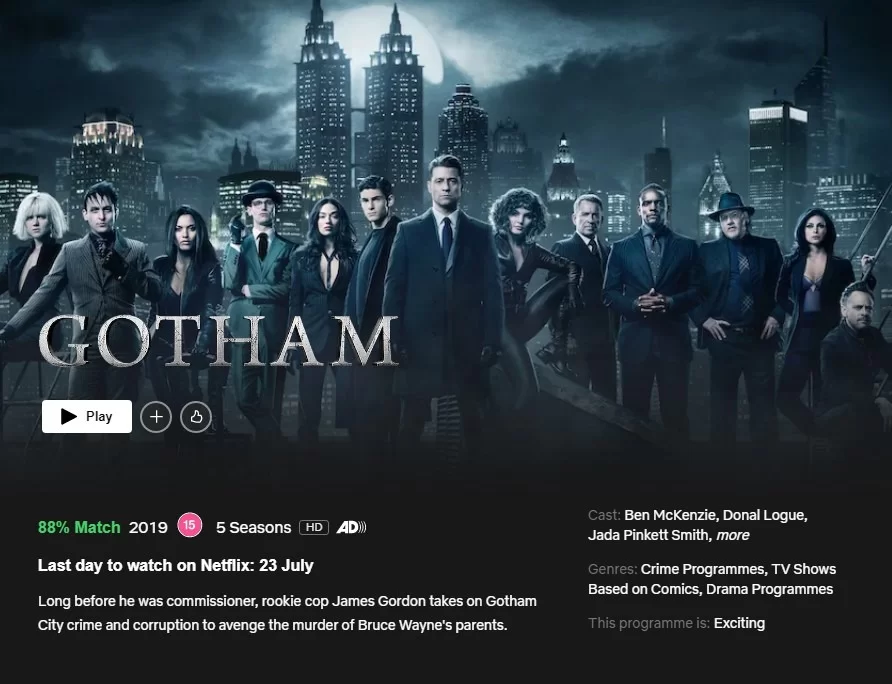 gotham deja netflix uk en julio de 2022