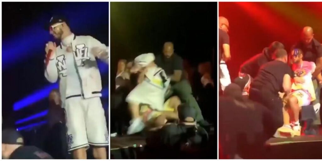 Al suelo directo: un fan sube al escenario y tumba de un salto a Anuel AA