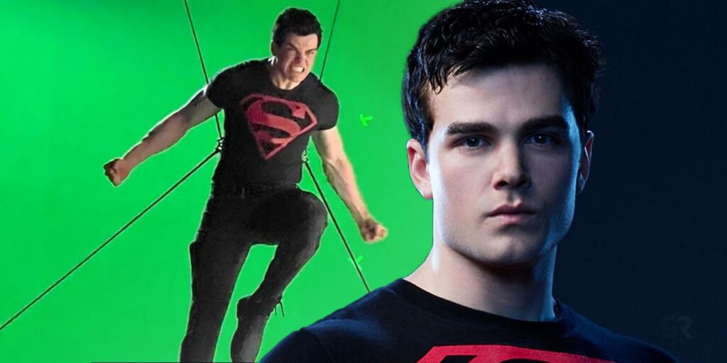 El actor Superboy de la temporada 4 de Titans realiza un truco de alto vuelo en una imagen de BTS