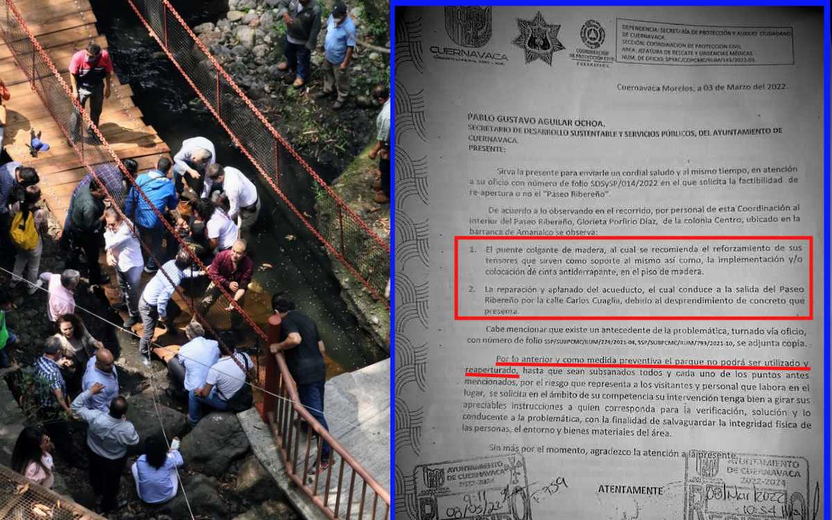 Funcionaria advirtió riesgo de colapso de puente colgante en Cuernavaca, apunta oficio