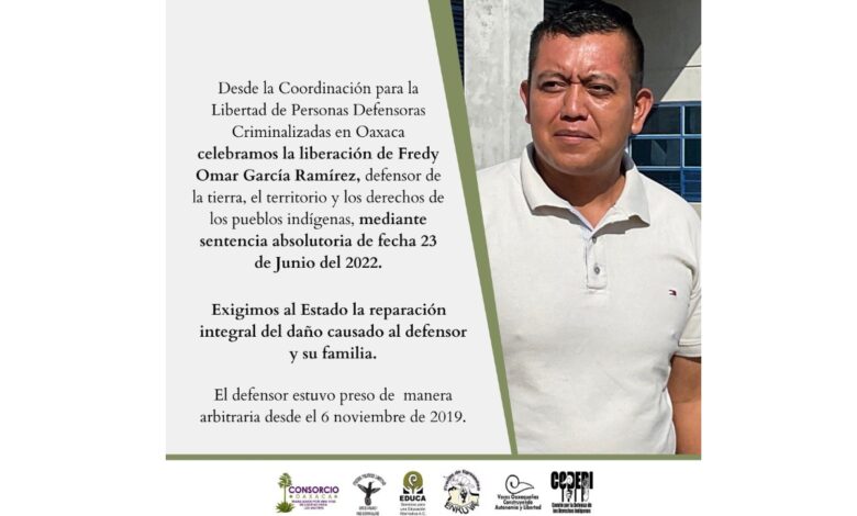 Liberan a Fredy García, defensor comunitario en Oaxaca
