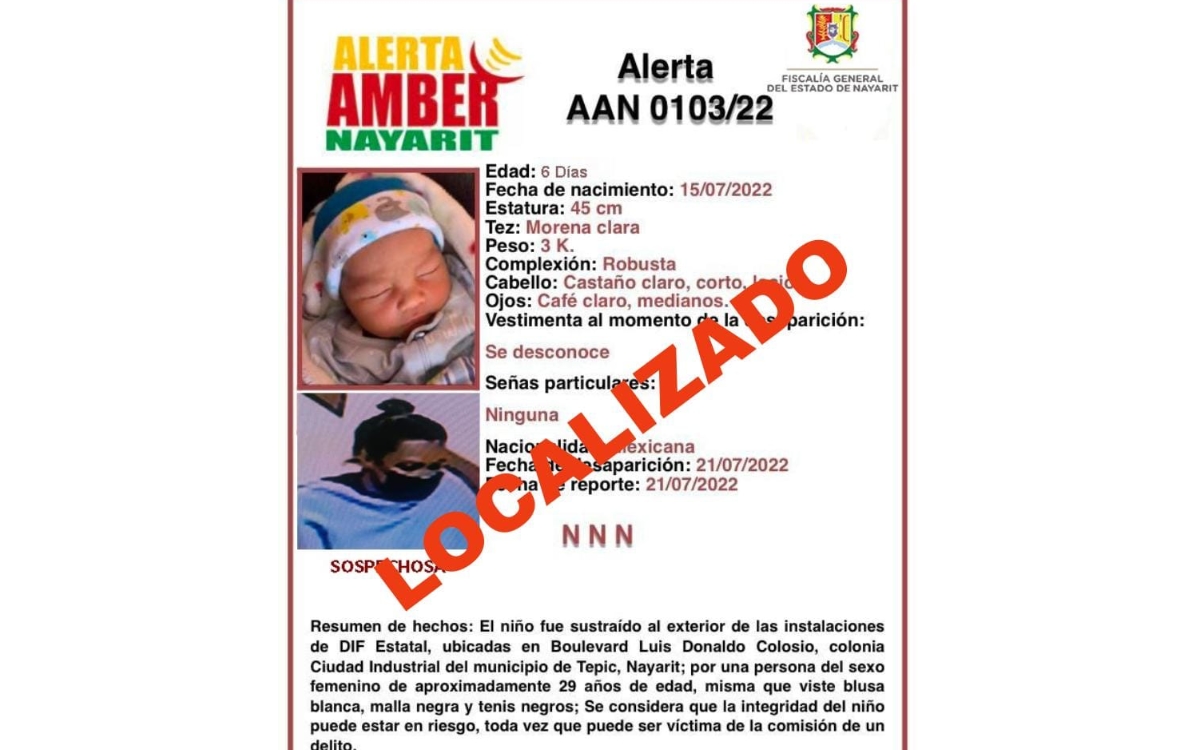 Localizan a bebé de 6 días de nacido robado en Nayarit; detienen a una mujer