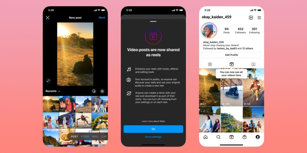Los videos de Instagram de menos de 15 minutos ahora se comparten como carretes