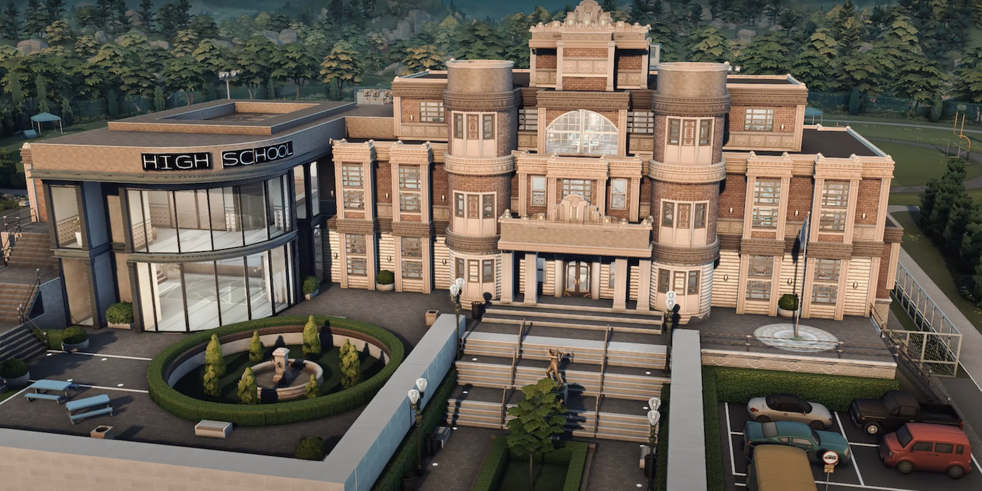 Sims 4 Player Speed Build muestra la impresionante arquitectura del edificio escolar