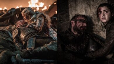 Split image of Jorah Mormont and Beric Dondarrion dying in the arms of Daenerys and Arya in Game of Thrones