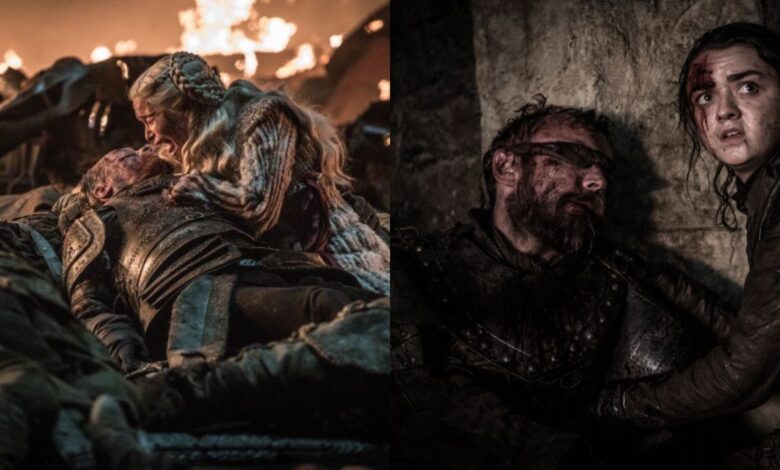 Split image of Jorah Mormont and Beric Dondarrion dying in the arms of Daenerys and Arya in Game of Thrones