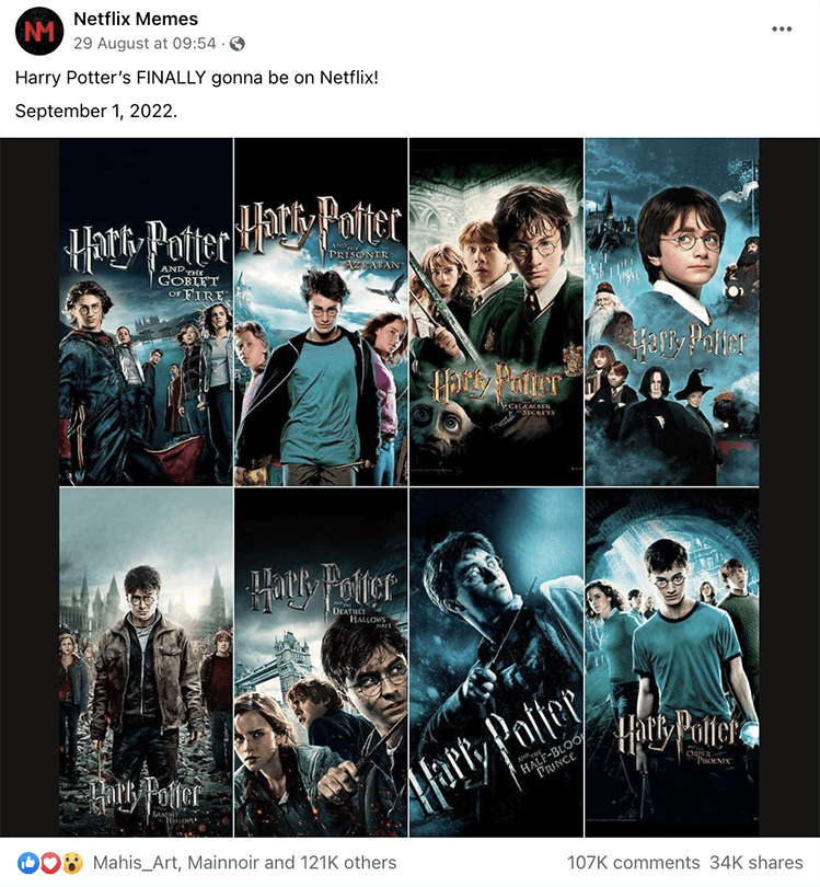 publicación de facebook harry potter llegando a netflix