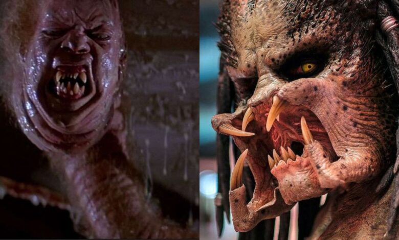 A split screen of Thing and Predator.