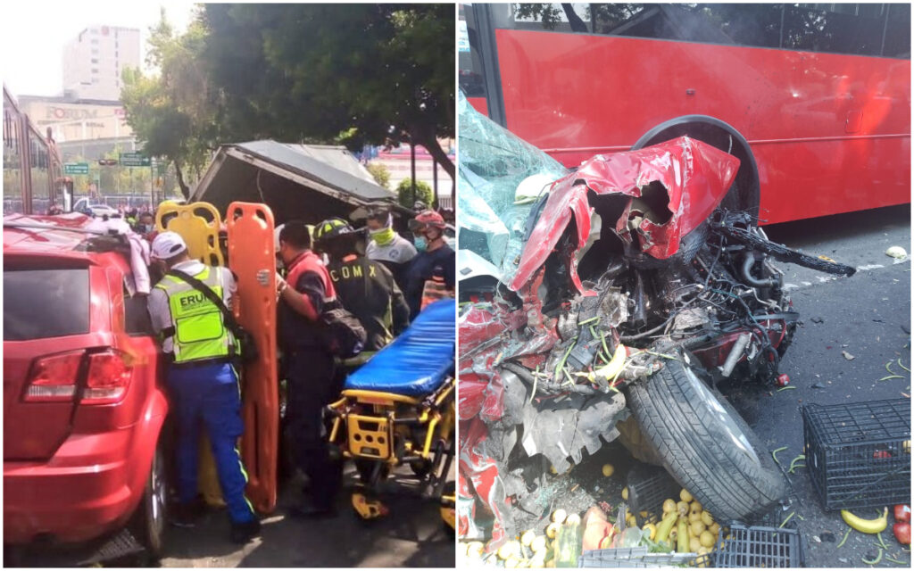 Se registra fuerte choque entre varios autos y un Metrobús en Avenida Insurgentes | Videos