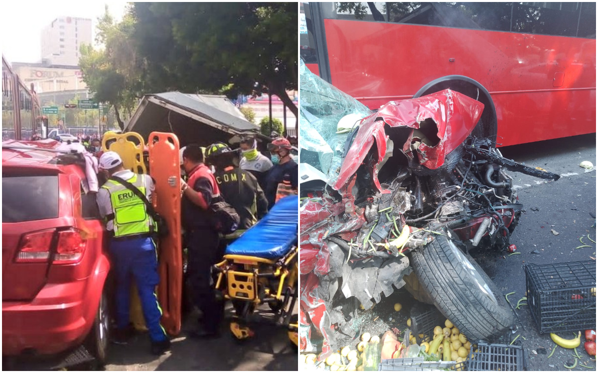 Se registra fuerte choque entre varios autos y un Metrobús en Avenida Insurgentes | Videos