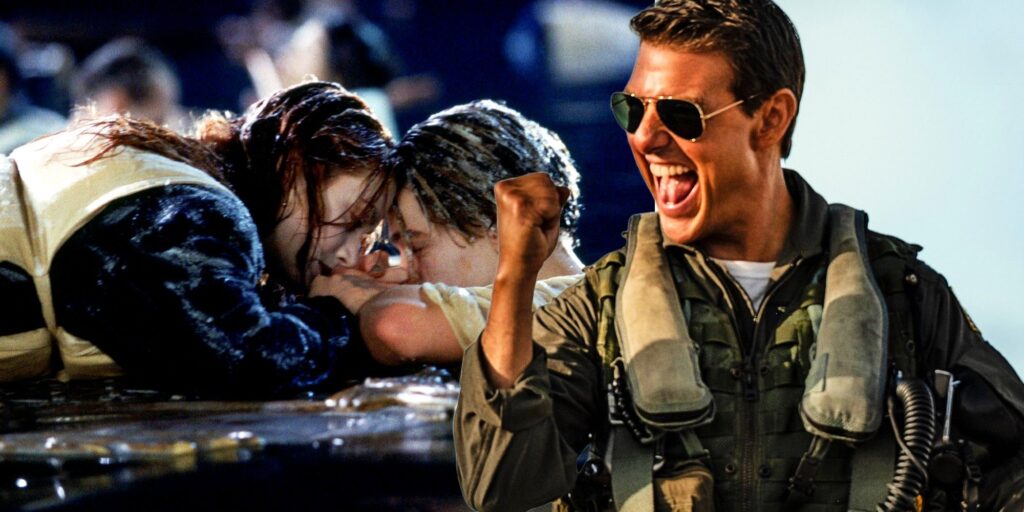 Rose and Jack on the door from Titanic with Tom Cruise of Top Gun Maverick pumping his fist in the air