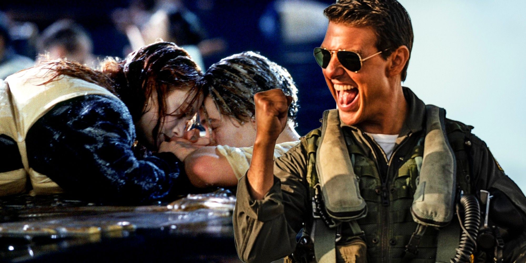 Rose and Jack on the door from Titanic with Tom Cruise of Top Gun Maverick pumping his fist in the air