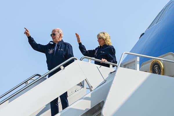 President Biden and Jill Biden, the first lady, boarding Air Fore One to fly to London on Saturday.