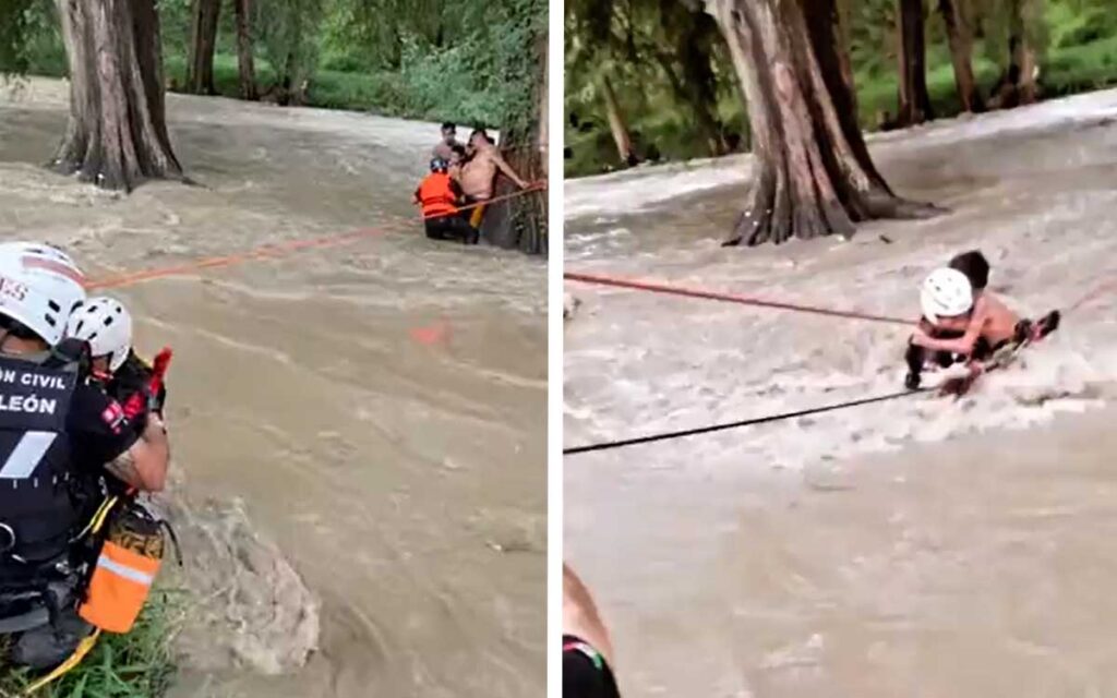 Lluvias en NL: Así rescataron a ocho adultos y dos menores atrapados en la corriente del río La Silla | Videos