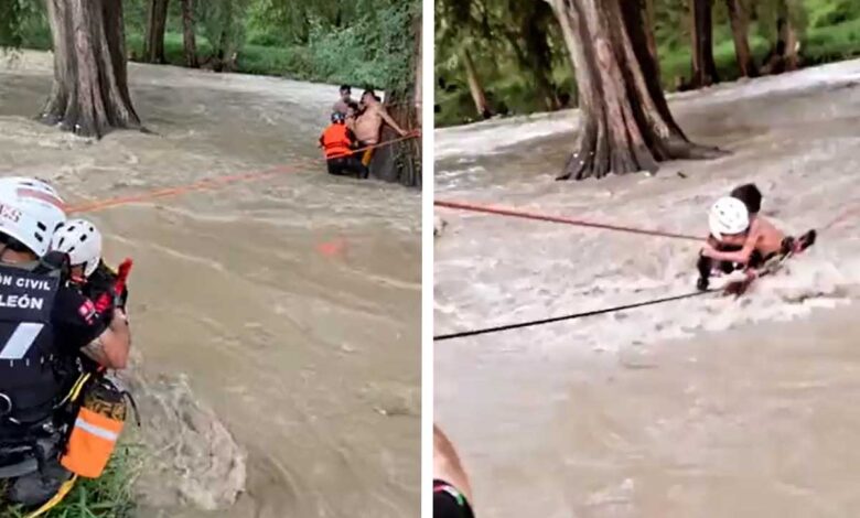 Lluvias en NL: Así rescataron a ocho adultos y dos menores atrapados en la corriente del río La Silla | Videos
