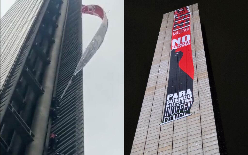 Retiran de Estela de Luz manta de protesta contra la militarización | Videos