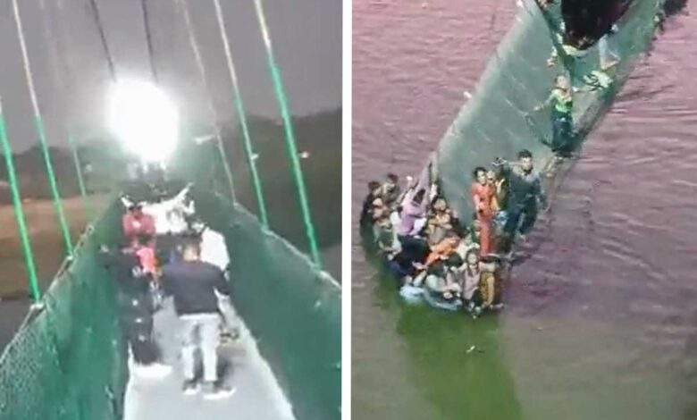 Captan momento exacto del colapso de puente colgante en India | Video