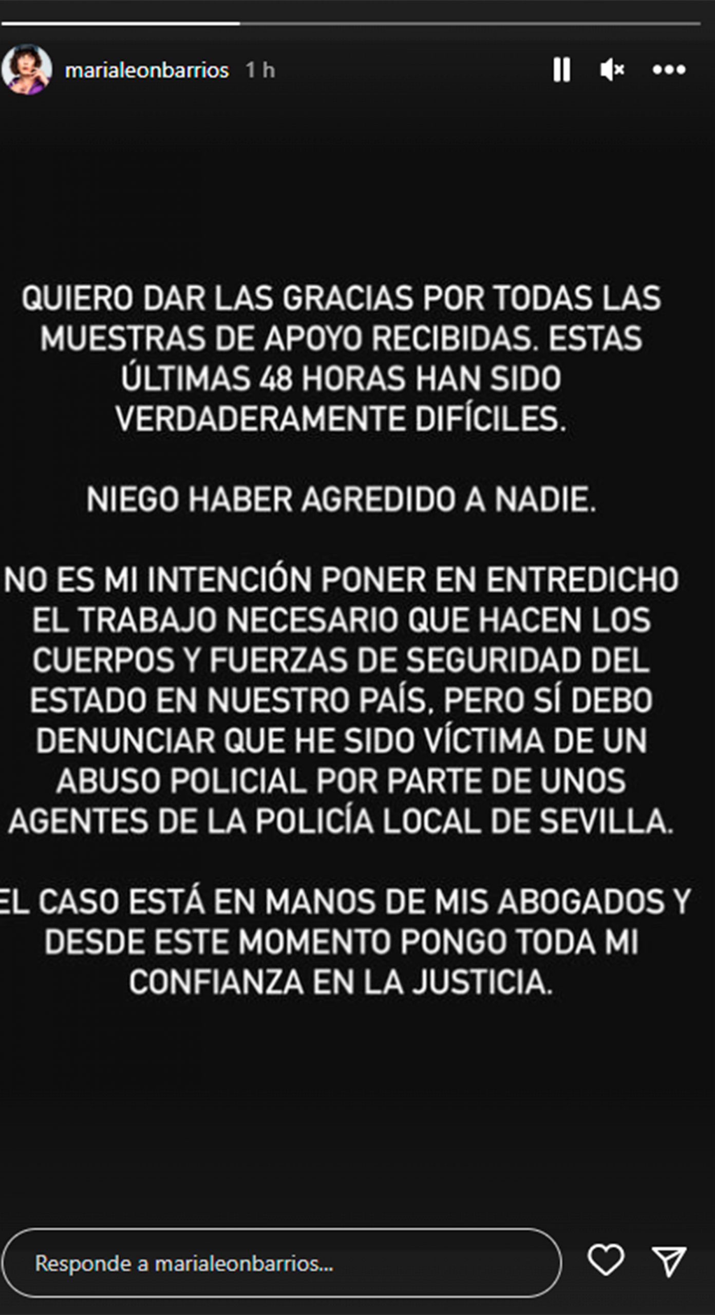 María León niega haber agredido a un Policía / Stories de Instagram @marialeonbarrios