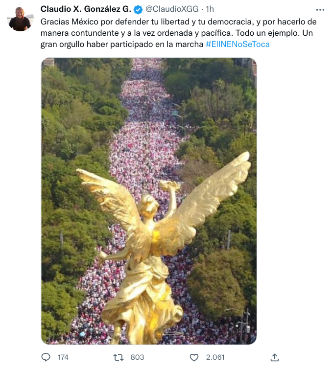 Claudio X. González criticó ‘provocaciones’ del gobierno contra manifestantes en defensa del INE