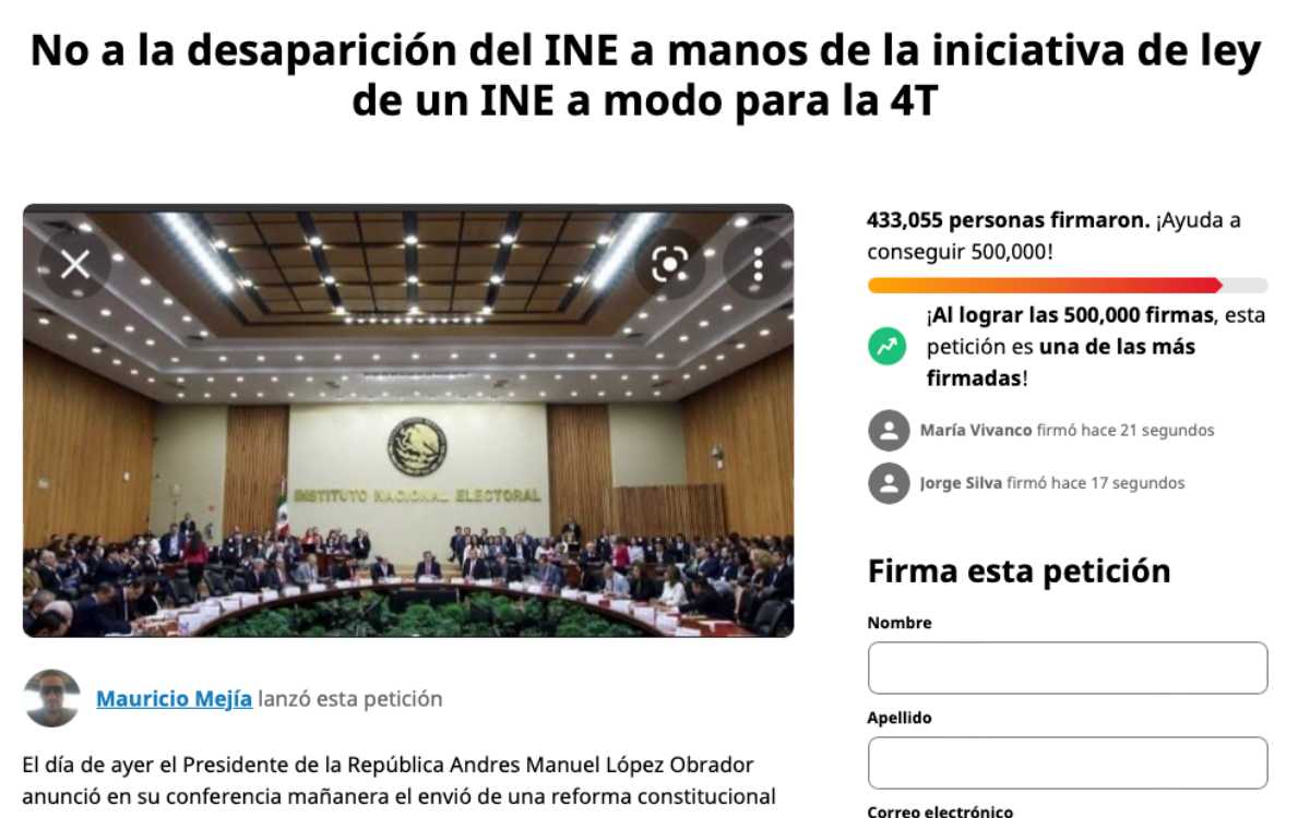 Se acerca a 500 mil firmas la petición en Change.org por la “No desaparición del INE”