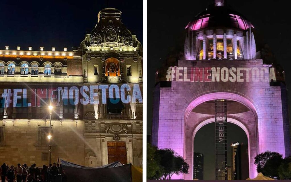 Proyectan 'El INE no se toca' en Palacio Nacional y Monumento a la Revolución
