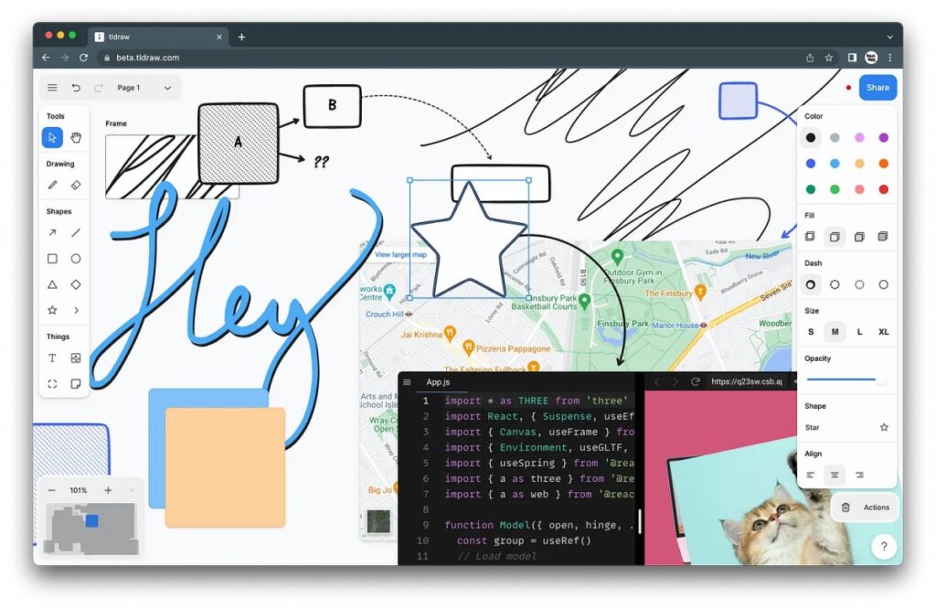 TLDraw ofrece una pizarra colaborativa sin ningún inicio de sesión