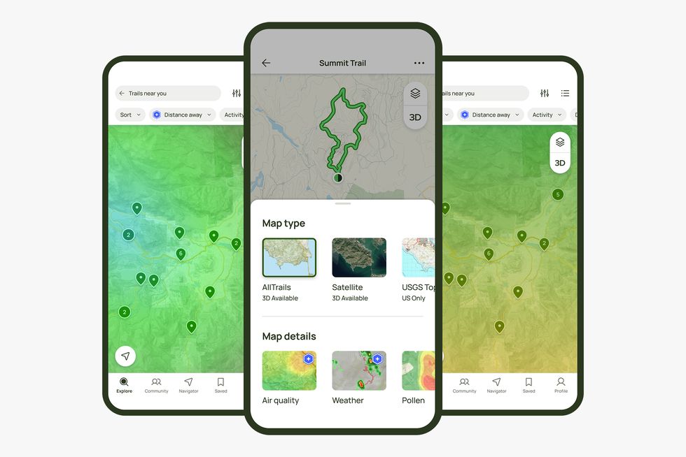mapa 3d de senderos en la aplicación alltrails