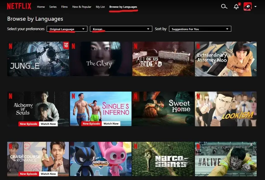 netflix ordenar por idioma coreano