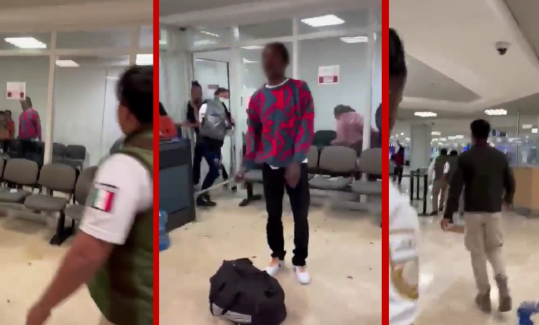 Sujeto amenaza con un vidrio a pasajeros y agentes de INM en aeropuerto de Cancún | Video