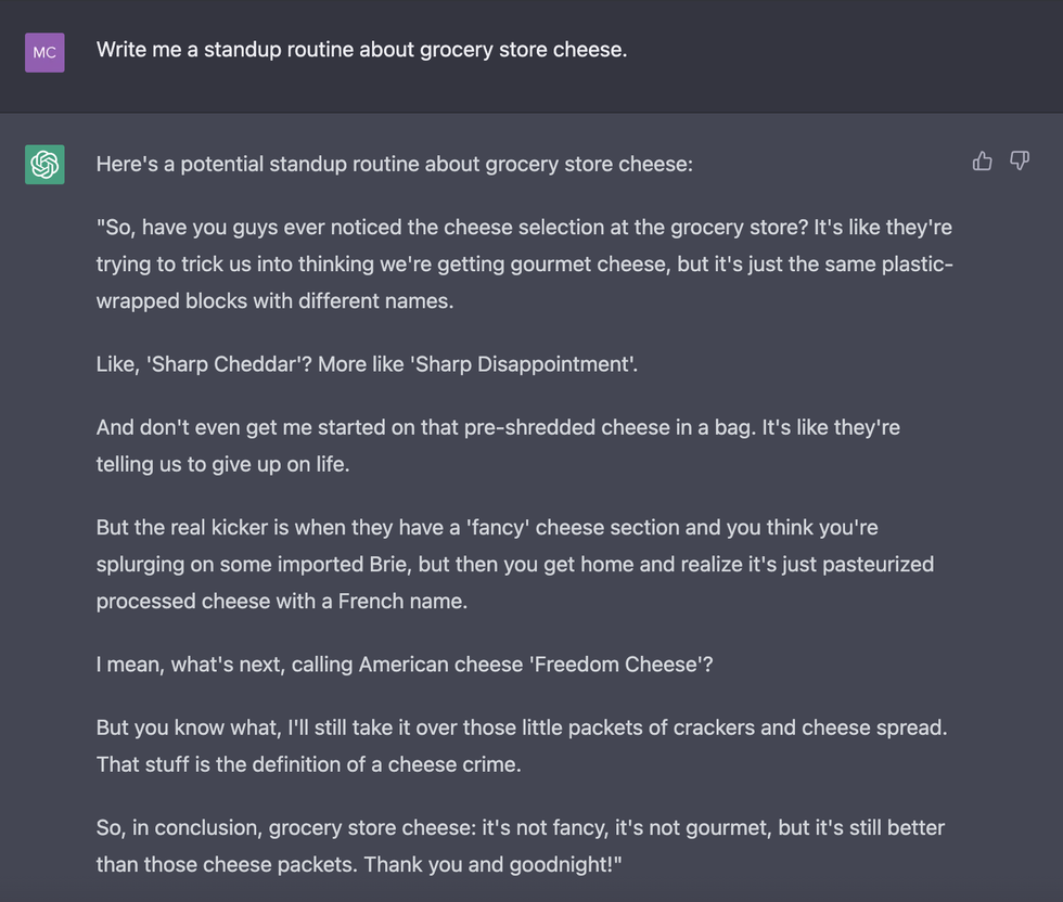 chat gpt escribiéndome una rutina de pie sobre el queso de la tienda de comestibles