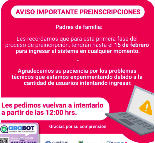 Falla Portal para registrarse en el programa de pre inscripciones de la USEBEQ