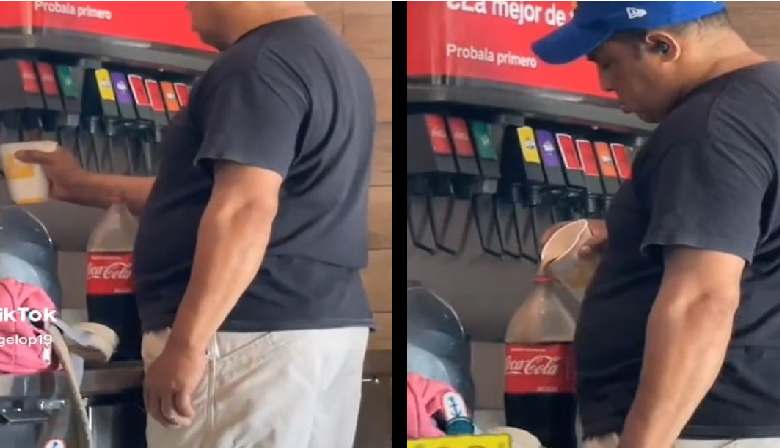 VIDEO: Captan a hombre rellenando envase de Cola-Cola de 2 litros en restaurante; se hace viral