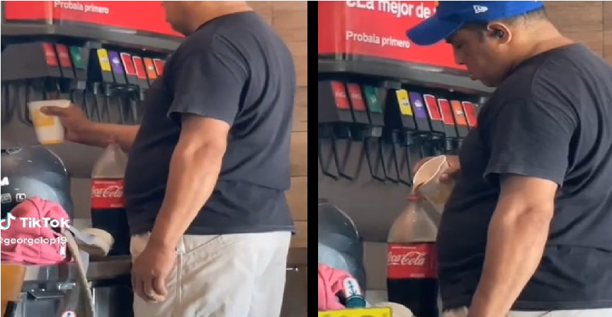 VIDEO: Captan a hombre rellenando envase de Cola-Cola de 2 litros en restaurante; se hace viral