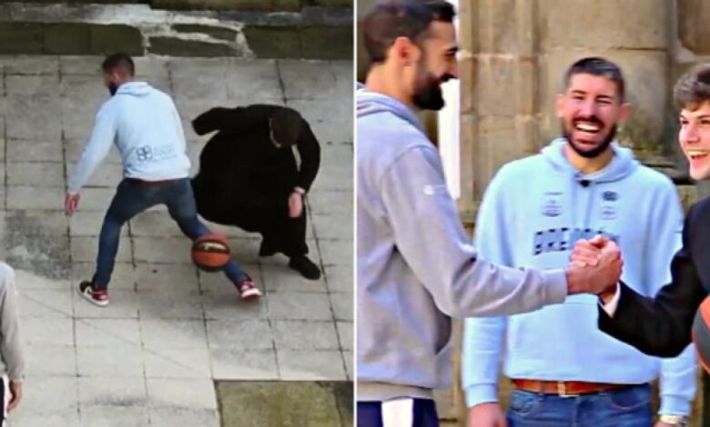 El cura 'jugón' recrea su vídeo viral con dos jugadores de la Liga Endesa
