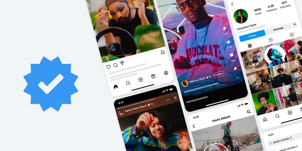 Meta Verified subscription icon next to Instagram and Facebook screenshots