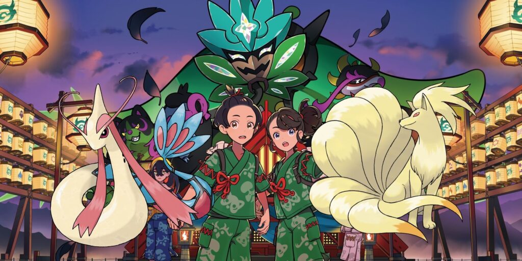 A Milotic and Ninetails with key art for Pokémon Scarlet and Violet's The Teal Mask DLC.