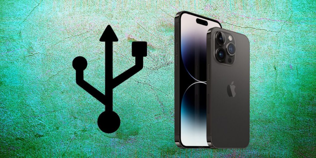 iPhone 14 Pro next to USB symbol on custom background
