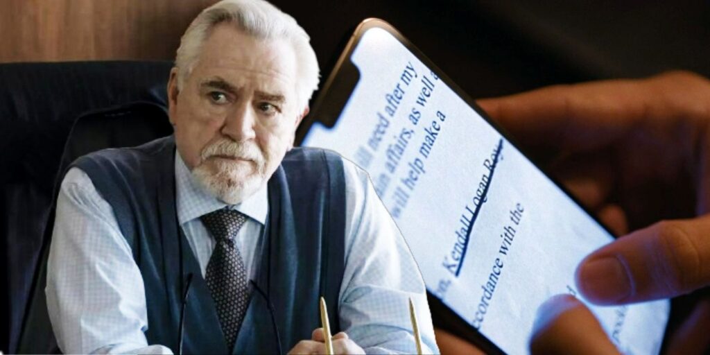 Blended image of a serious Logan and Kendall's name on a will in Succession