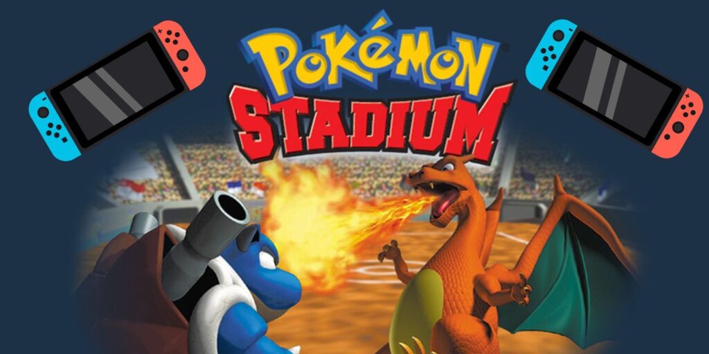 Pokemon Stadium title screen with two Nintendo Switches hovering above.